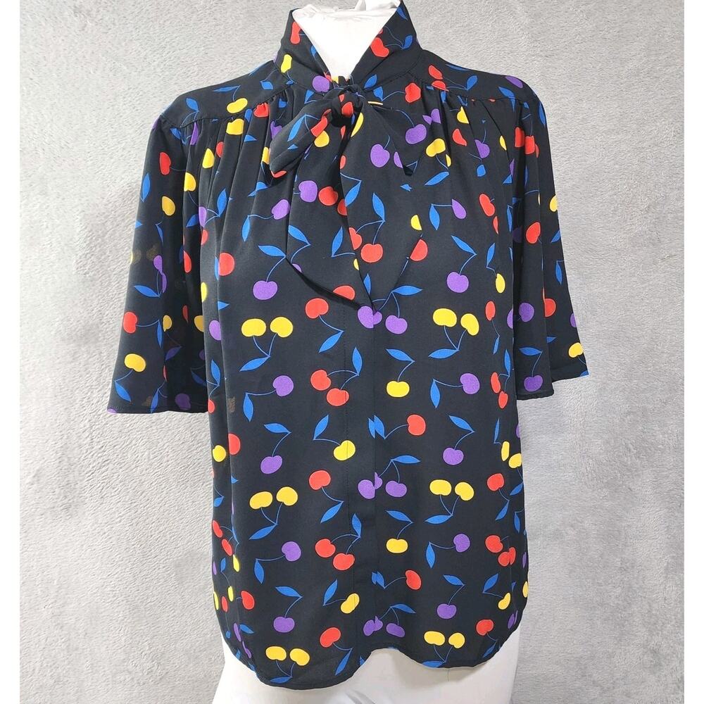 ModCloth Tie Neck Blouse Black Colorful Cherries Retro Office Siren Size XS New